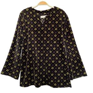 Graver Studio Geometric Velour Tunic Top Women Size L Purple Green Bell Sleeve